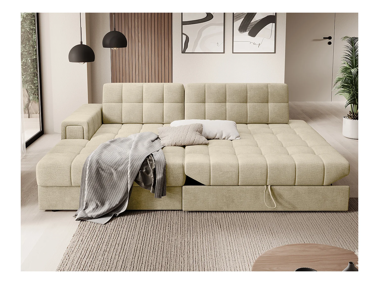 Canapé d'angle KELLY velours - Rangement et convertible-Beige clair-Méridienne A gauche