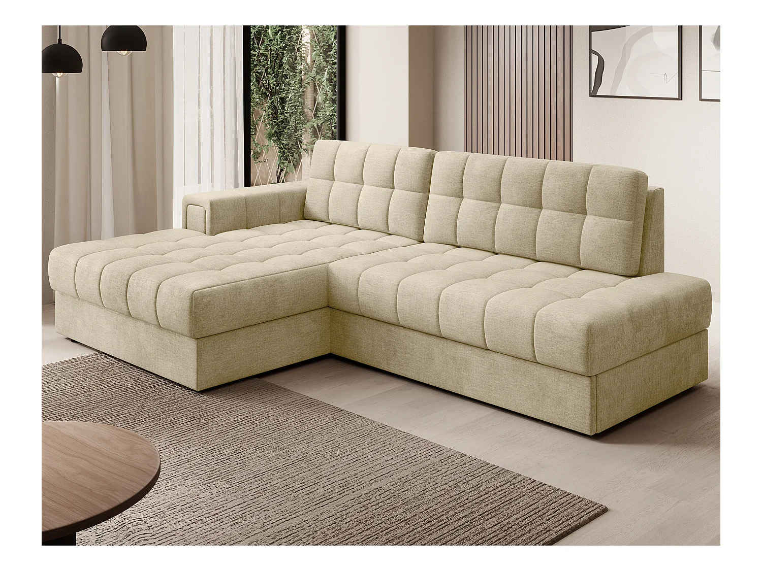 Canapé d'angle KELLY velours - Rangement et convertible-Beige clair-Méridienne A gauche