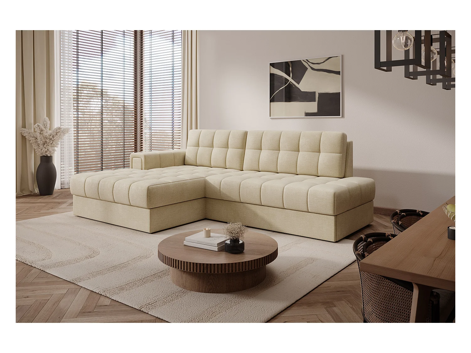 Canapé d'angle KELLY velours - Rangement et convertible-Beige clair-Méridienne A gauche