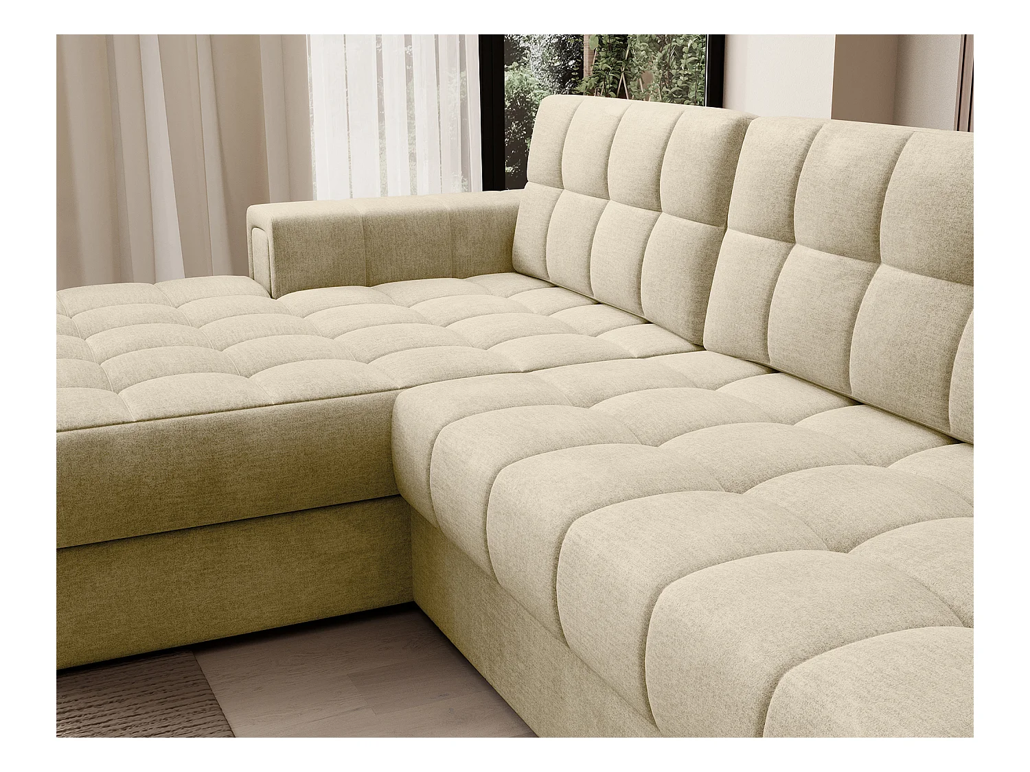 Canapé d'angle KELLY velours - Rangement et convertible-Beige clair-Méridienne A gauche