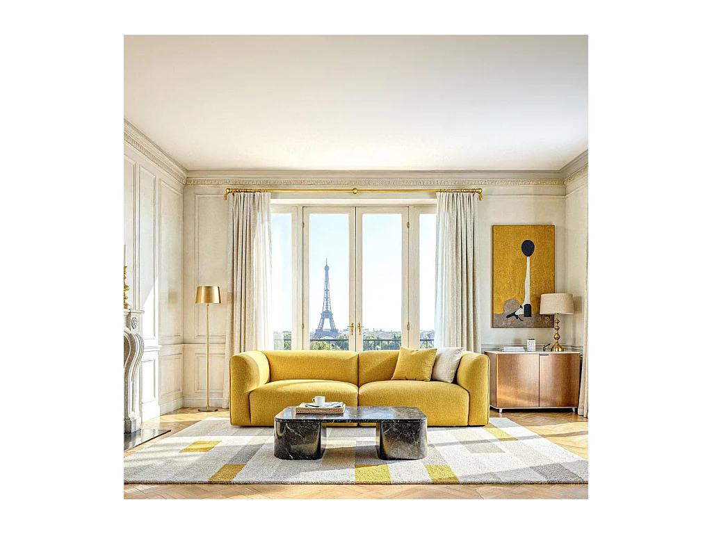 Habitat - Canapé 4 places en tissu bouclette - Jaune moutarde - Design by Nicole Aptel - Temoli