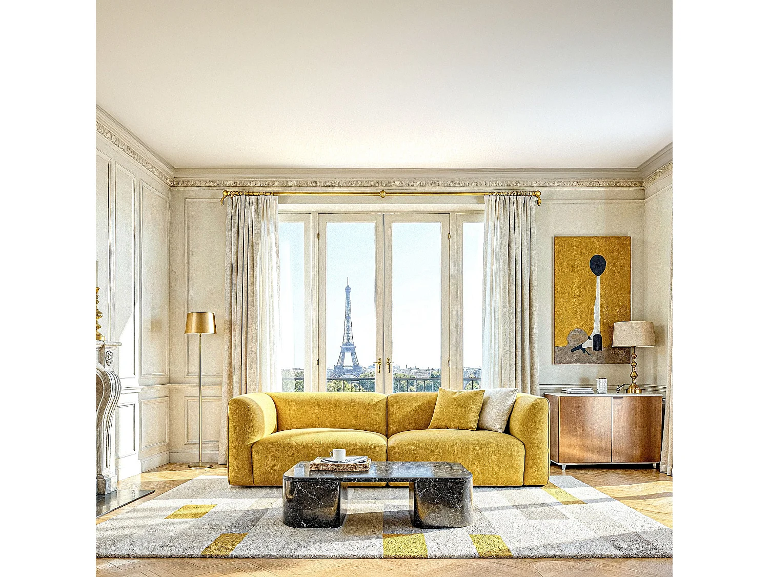 Habitat - Canapé 4 places en tissu bouclette - Jaune moutarde - Design by Nicole Aptel - Temoli