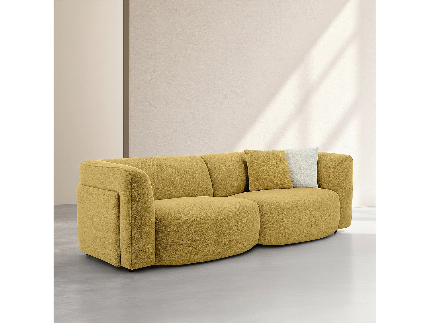 Canapé 4 places en tissu bouclette - Jaune moutarde - Design by Nicole Aptel