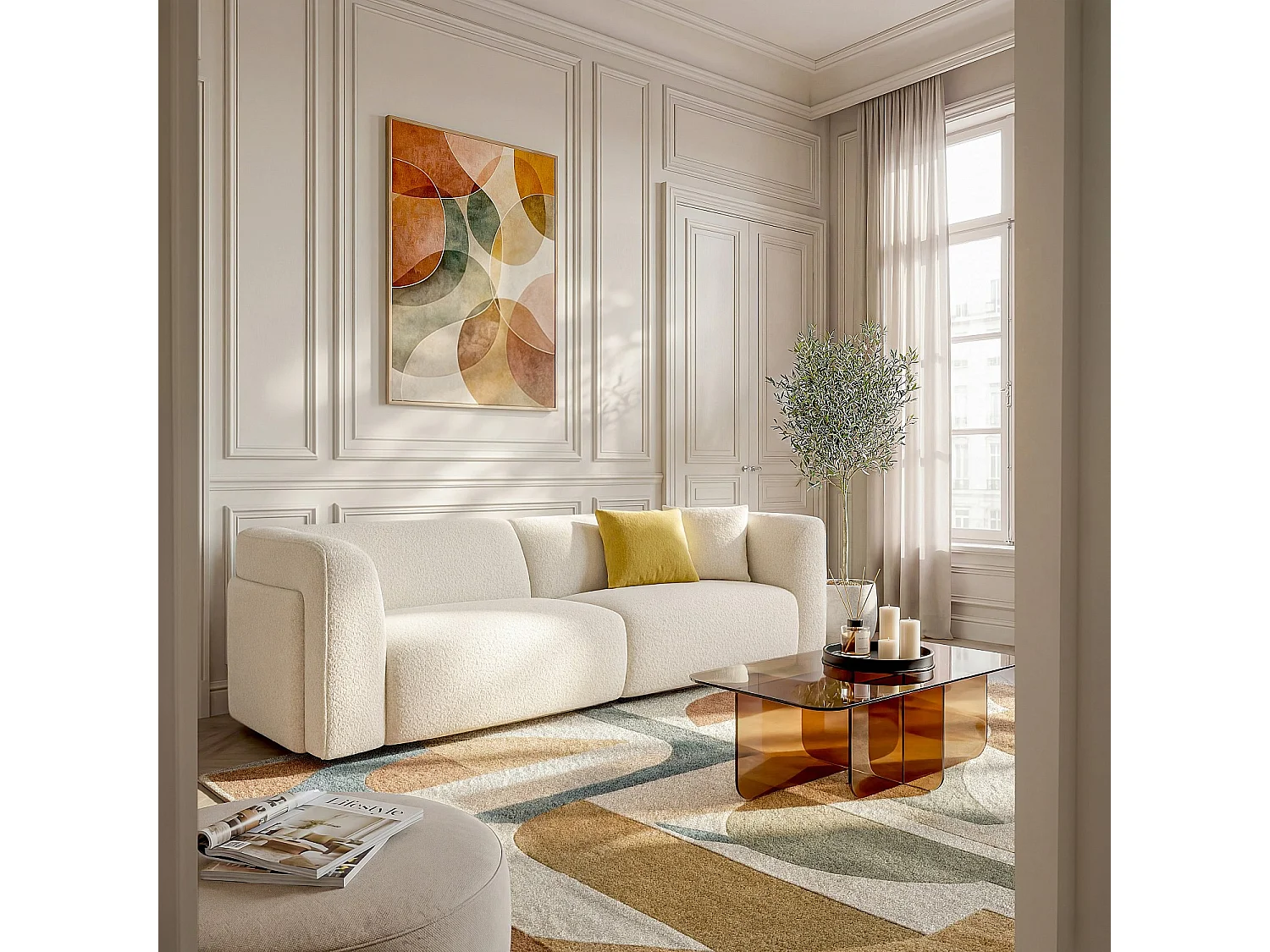 Habitat - Canapé 4 places en tissu bouclette - Crème - Design by Nicole Aptel - Temoli