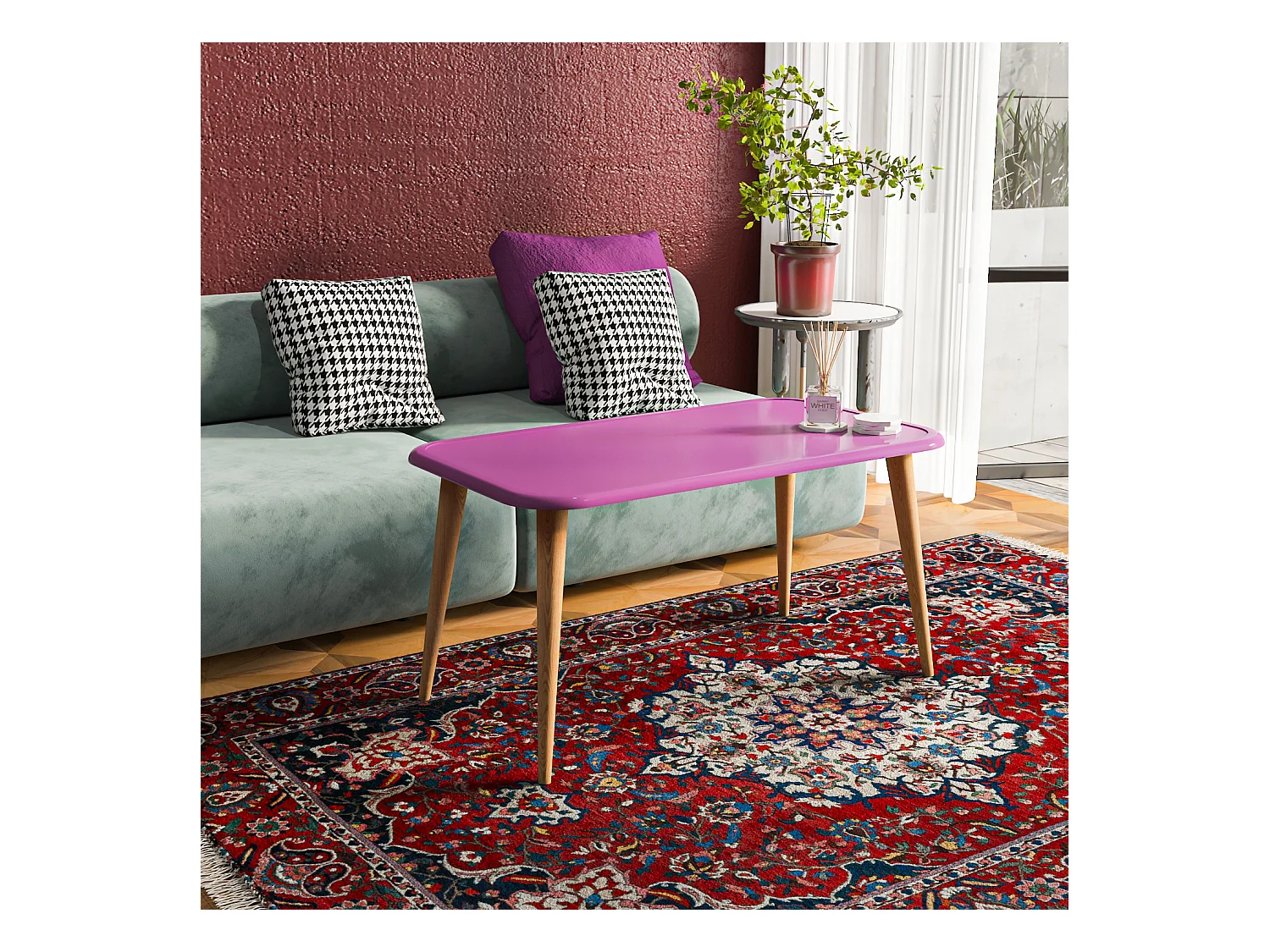 Bohemia Table Basse 90 cm avec Pieds en Bois (Prune)