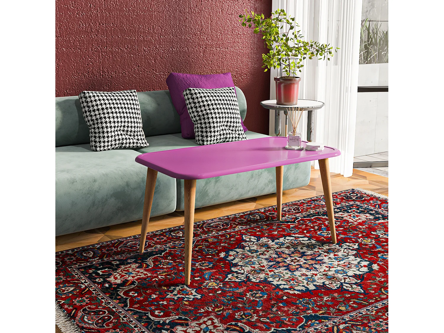 Bohemia Table Basse 90 cm avec Pieds en Bois (Prune)