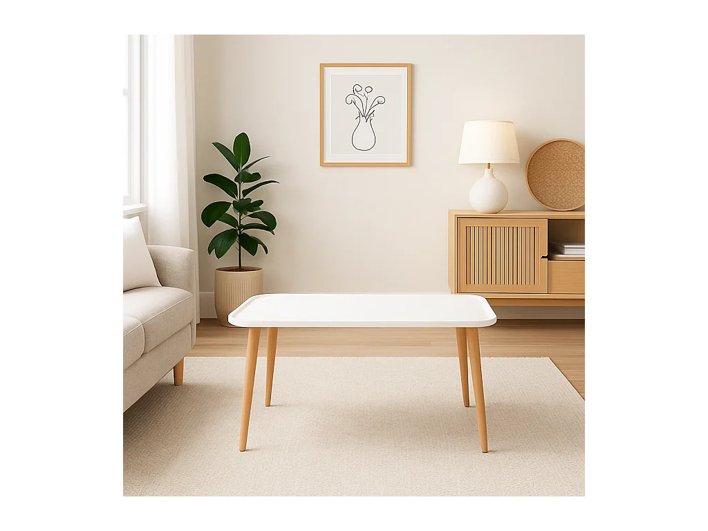 Bohemia Table Basse 90 cm avec Pieds en Bois (Blanc)