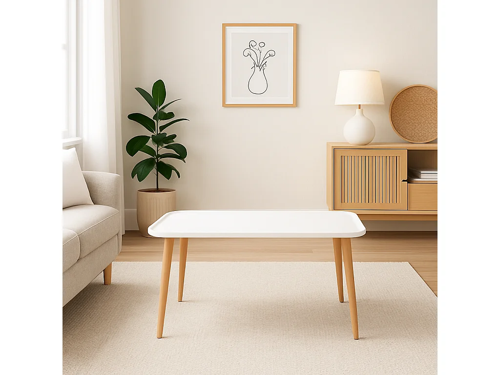 Bohemia Table Basse 90 cm avec Pieds en Bois (Blanc)