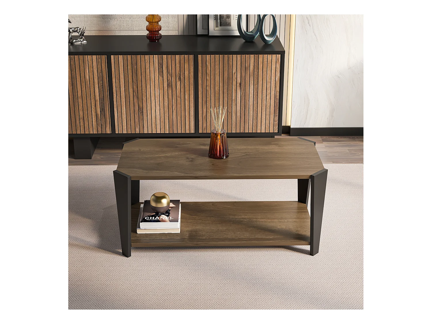 Monaco Table basse moderne et simple 91 cm x 47 cm (Noyer et Noir)