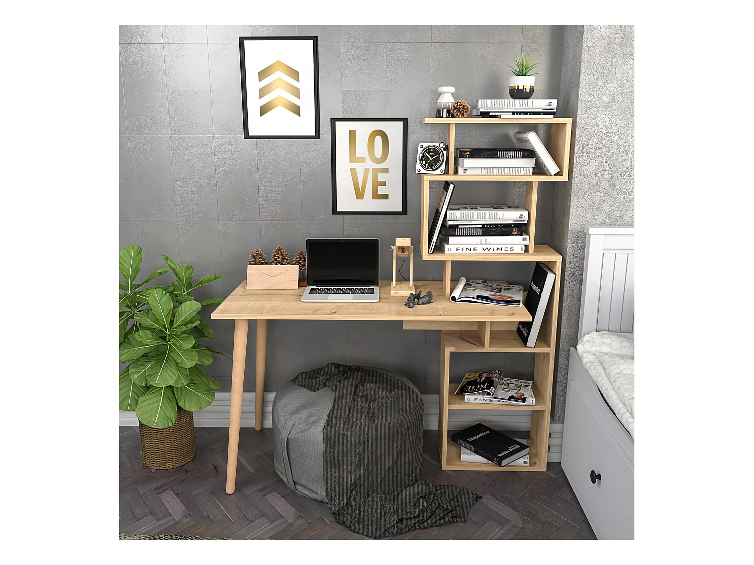 Vina Bureau 120 cm Longeur Étagères à 5 Niveaux Incluses (Chêne)