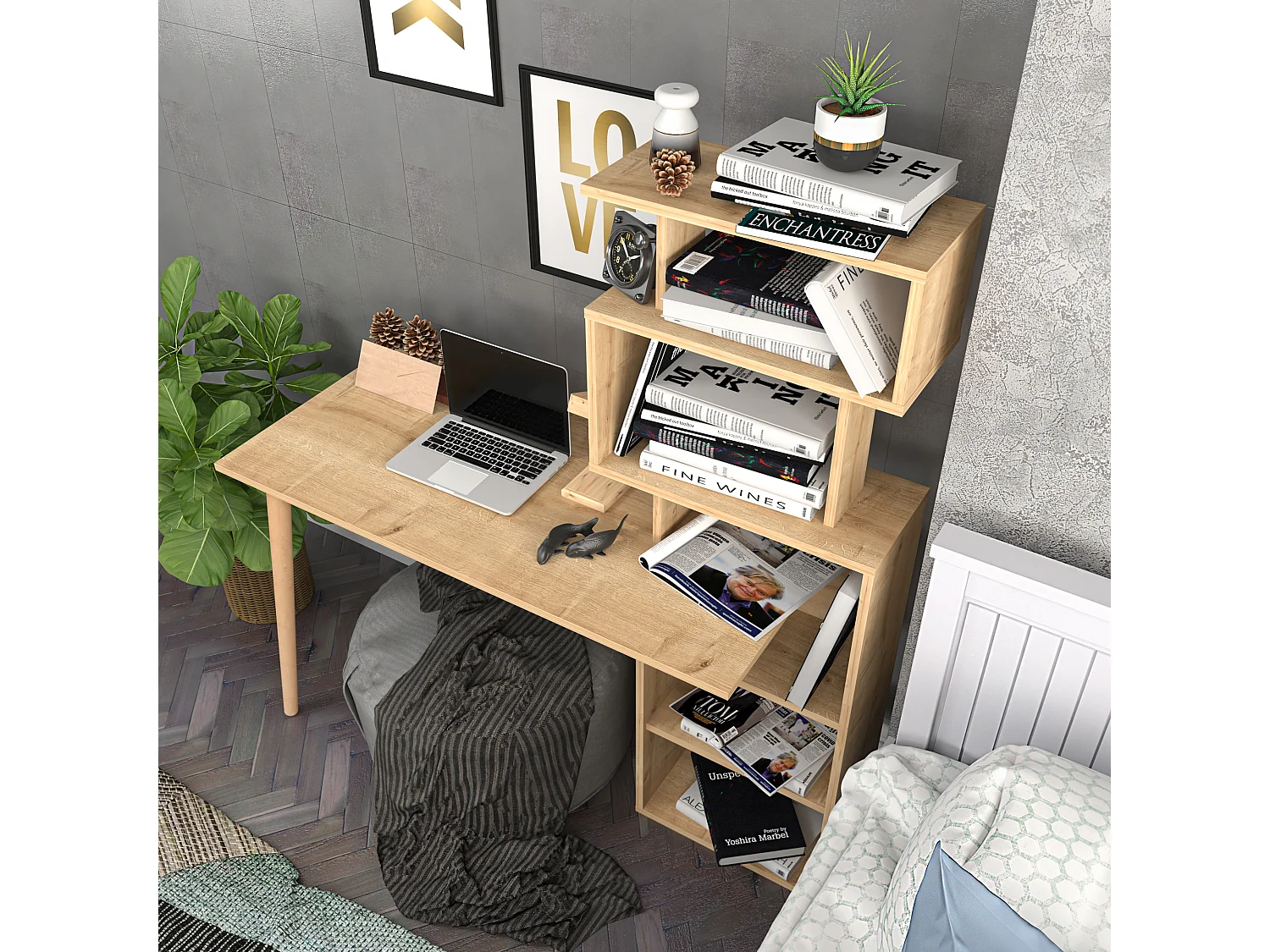 Vina Bureau 120 cm Longeur Étagères à 5 Niveaux Incluses (Chêne)