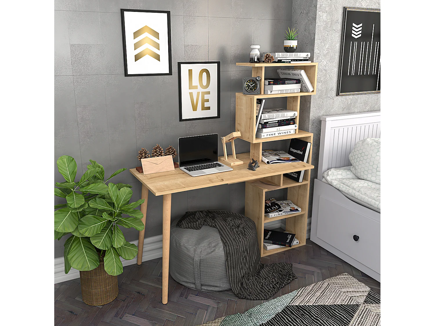 Decorotika Vina Study Desk with Included Shelving Unit - W 120 cm x H 72.8 cm x D 60 cm