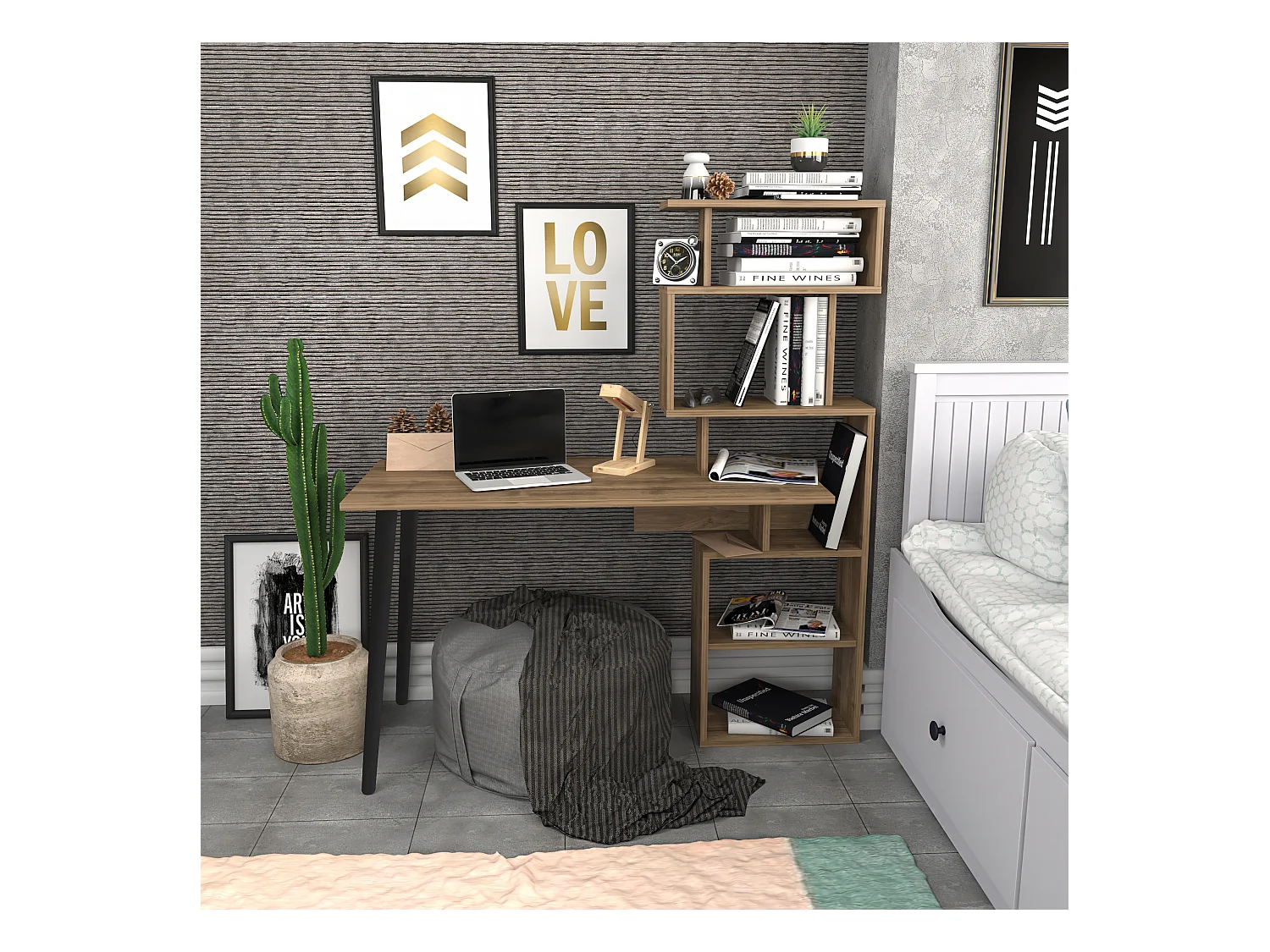 Vina Bureau 120 cm Longeur Étagères à 5 Niveaux Incluses (Noyer)