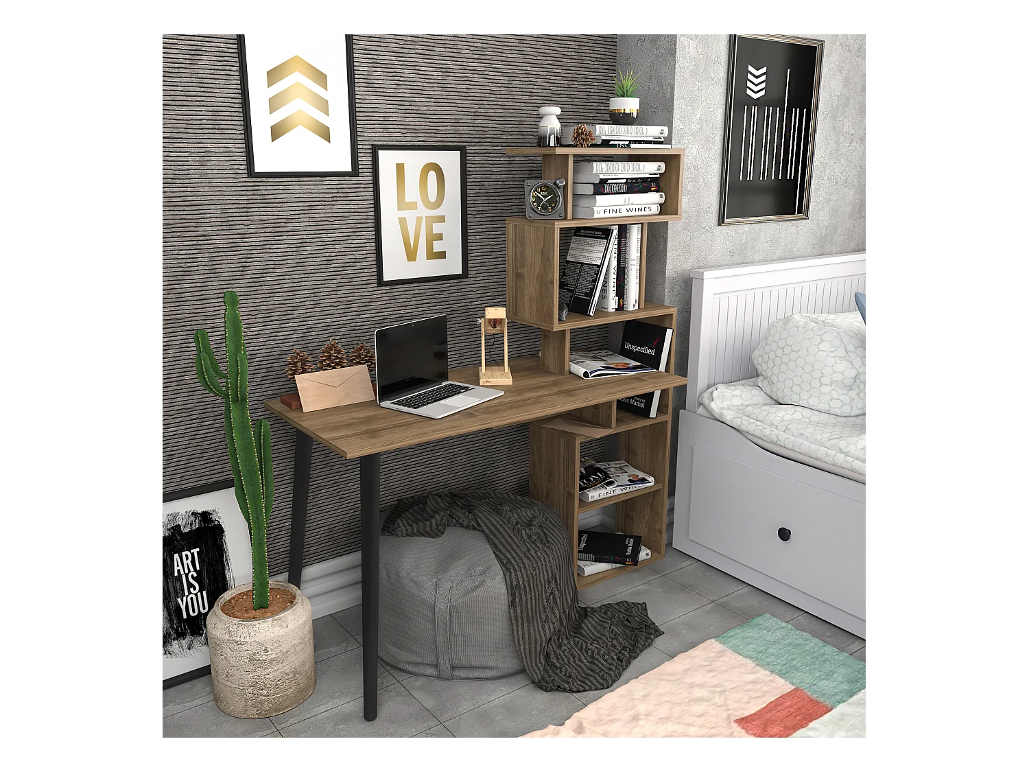 Vina Bureau 120 cm Longeur Étagères à 5 Niveaux Incluses (Noyer)