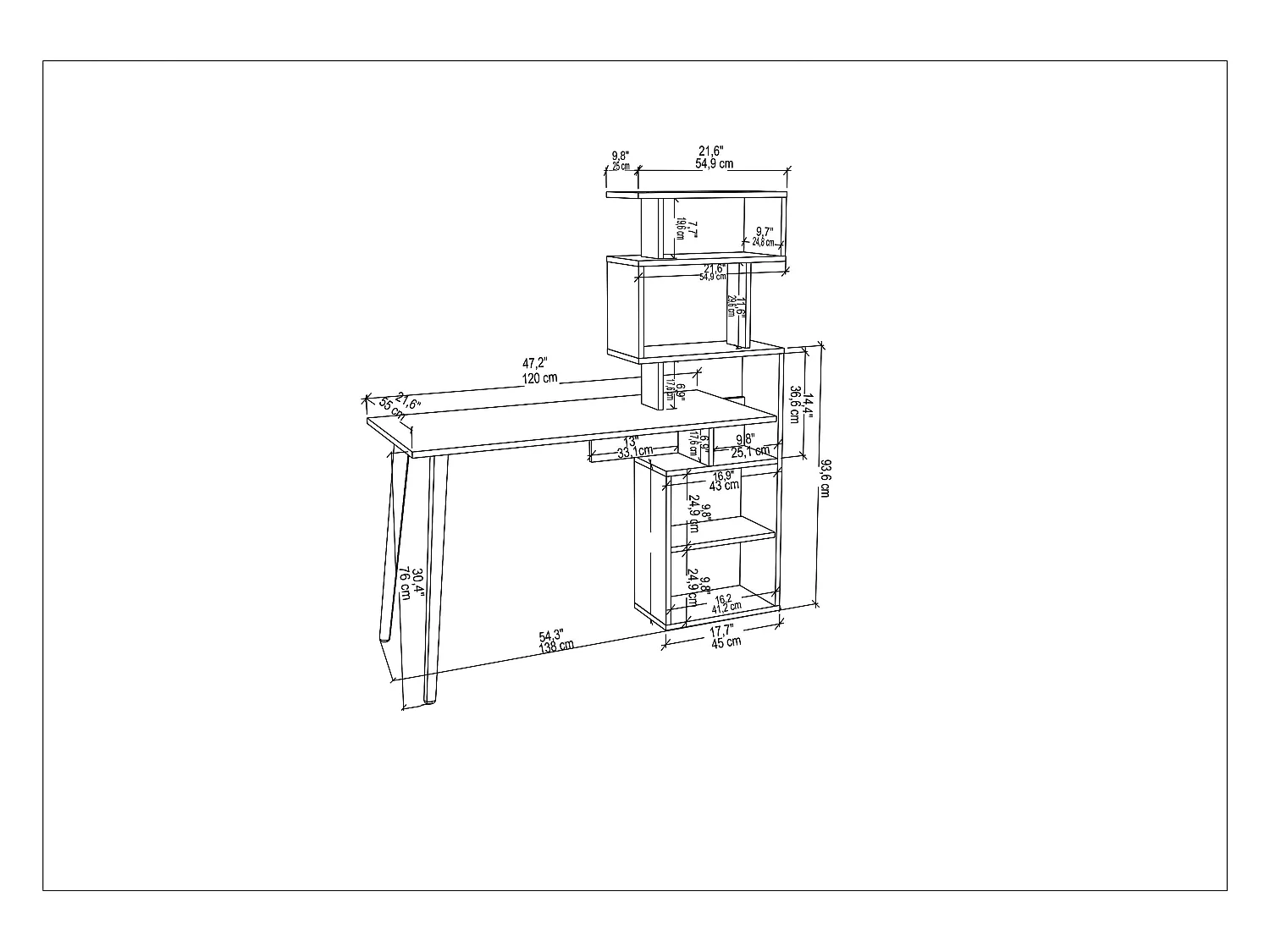 Vina Bureau 120 cm Longeur Étagères à 5 Niveaux Incluses (Noyer)