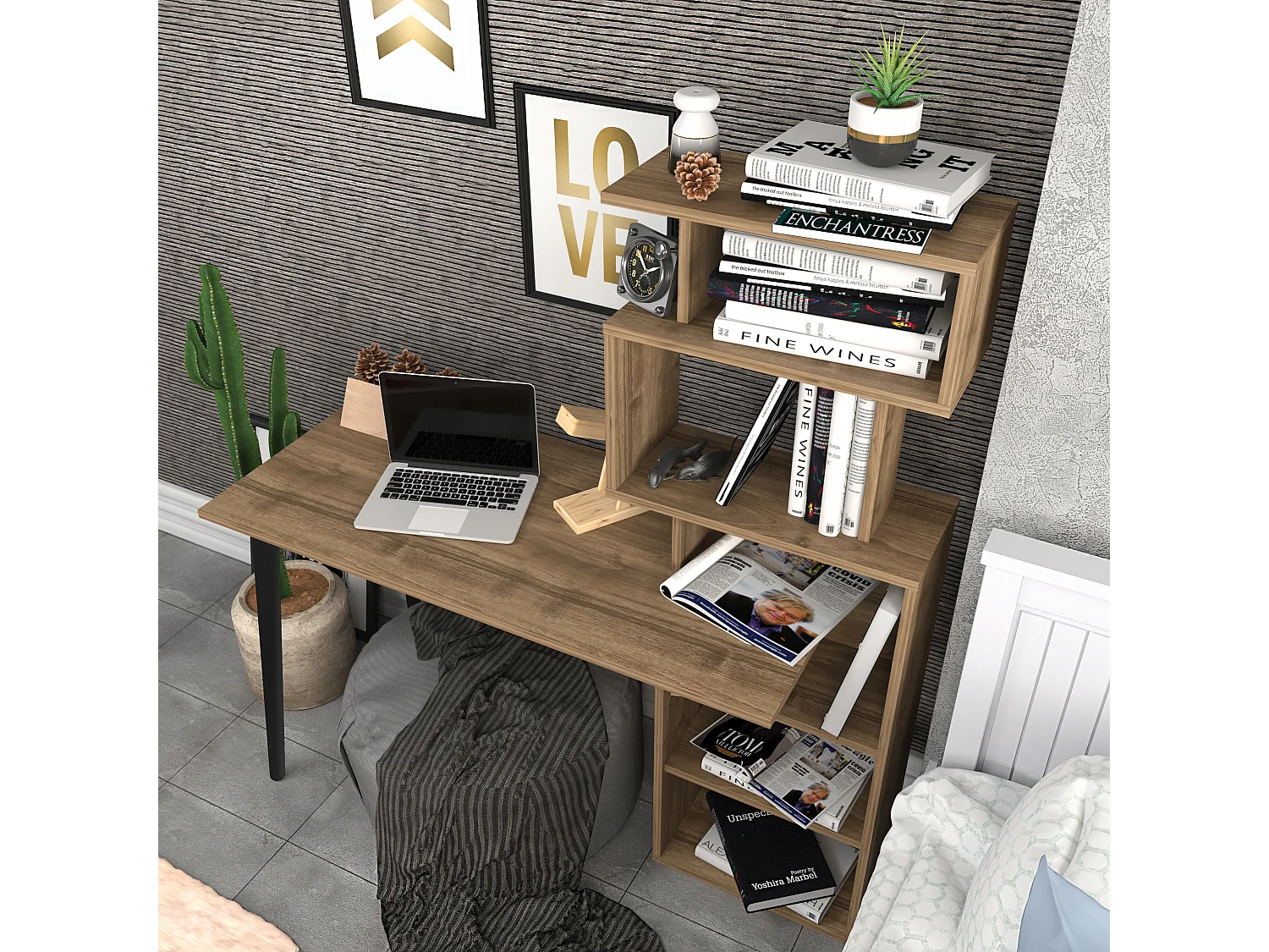 Vina Bureau 120 cm Longeur Étagères à 5 Niveaux Incluses (Noyer)