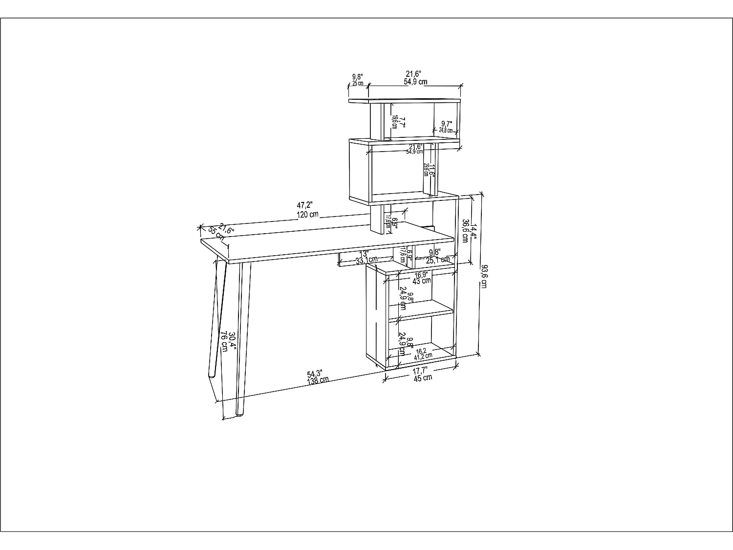 Vina Bureau 120 cm Longeur Étagères à 5 Niveaux Incluses (Noyer)