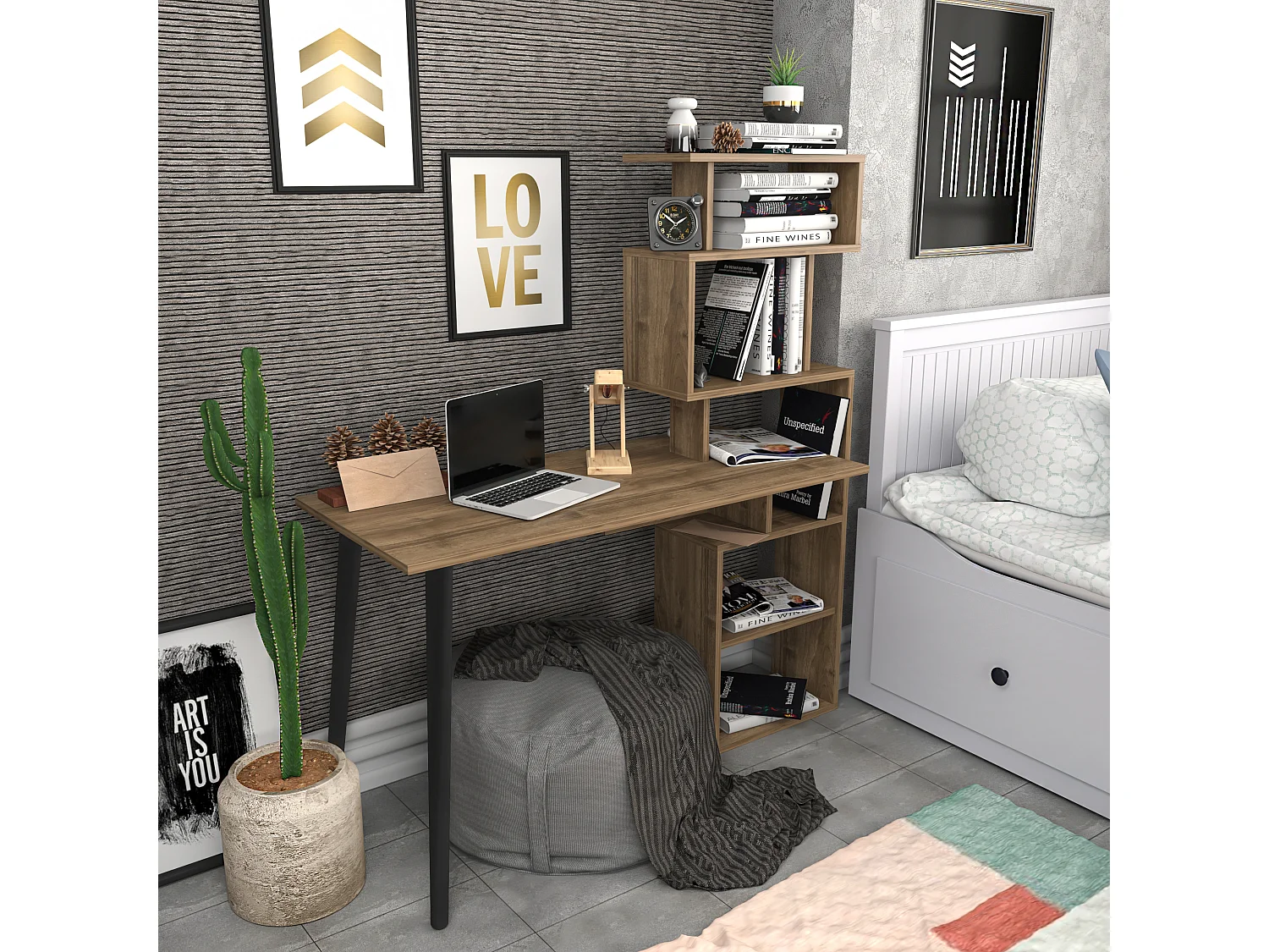 Vina Bureau 120 cm Longeur Étagères à 5 Niveaux Incluses (Noyer)
