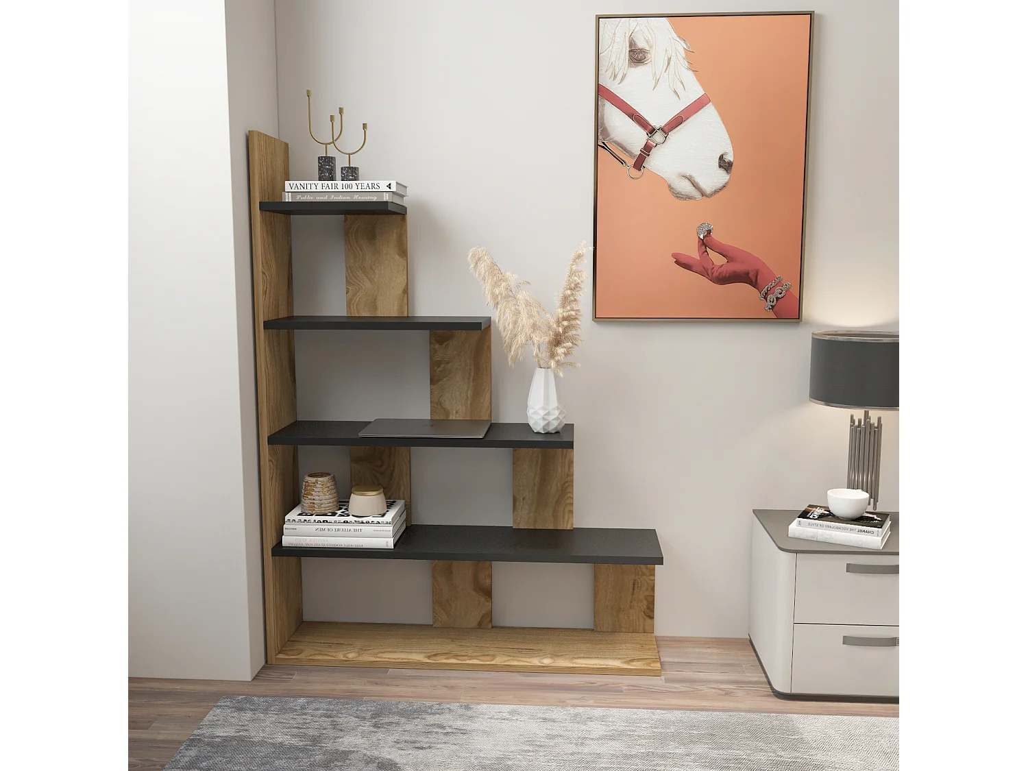 Bibliothèque échelle 120 cm et 5 étagères, design reversible (Oud et Noir)