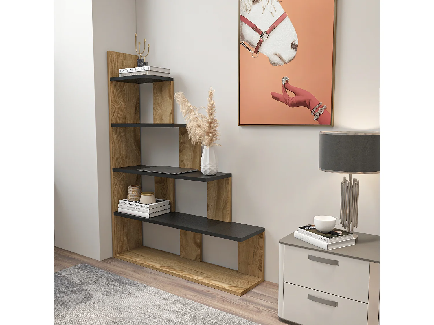 Bibliothèque échelle 120 cm et 5 étagères, design reversible (Oud et Noir)