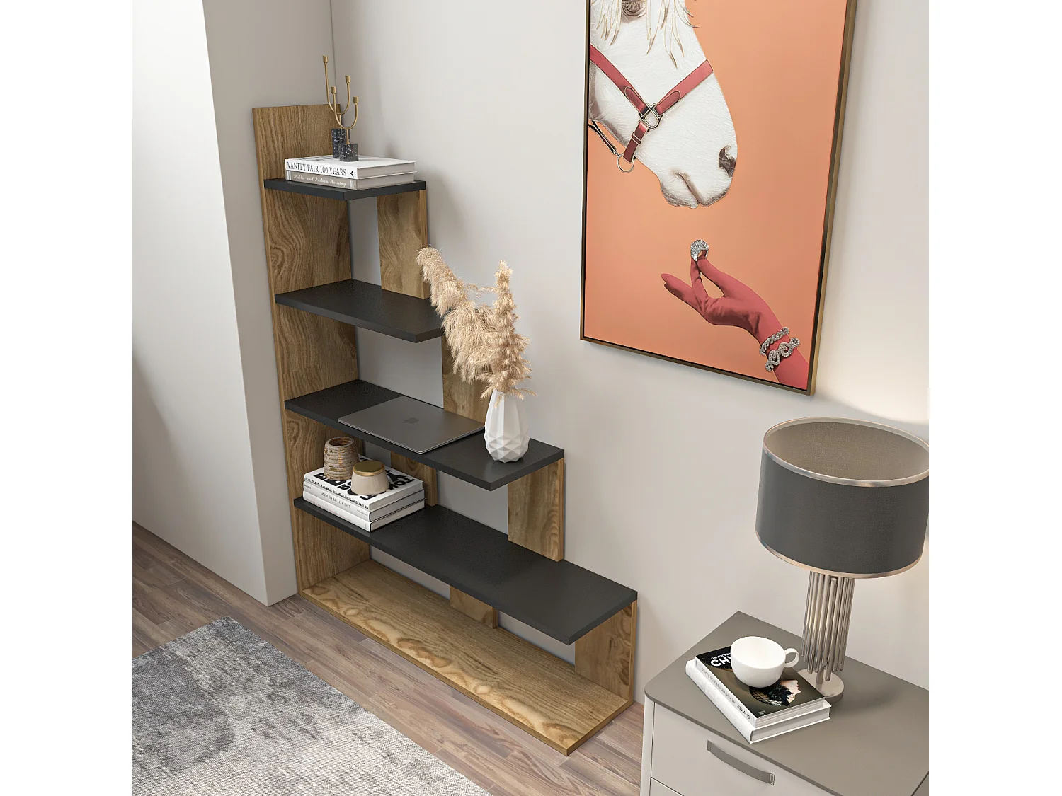 Bibliothèque échelle 120 cm et 5 étagères, design reversible (Oud et Noir)