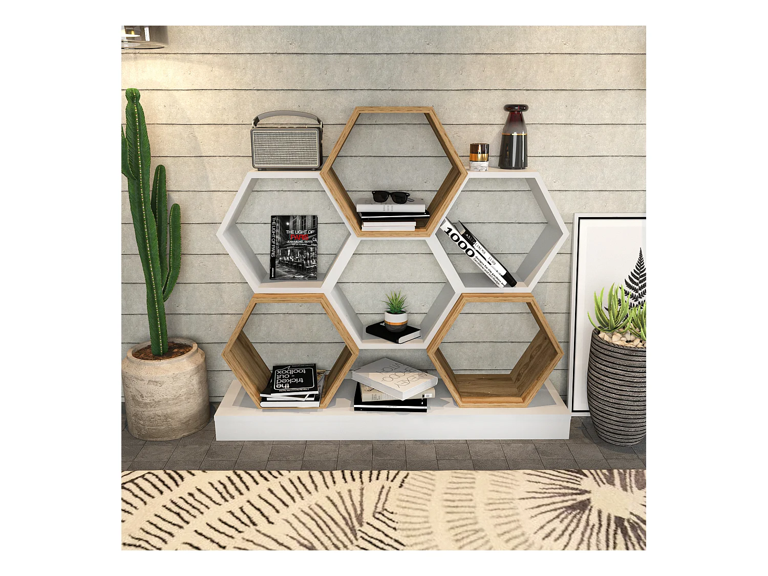 Cicek Bibliothèque 109 cm Hauteur Design Unique (Blanc et Oud)