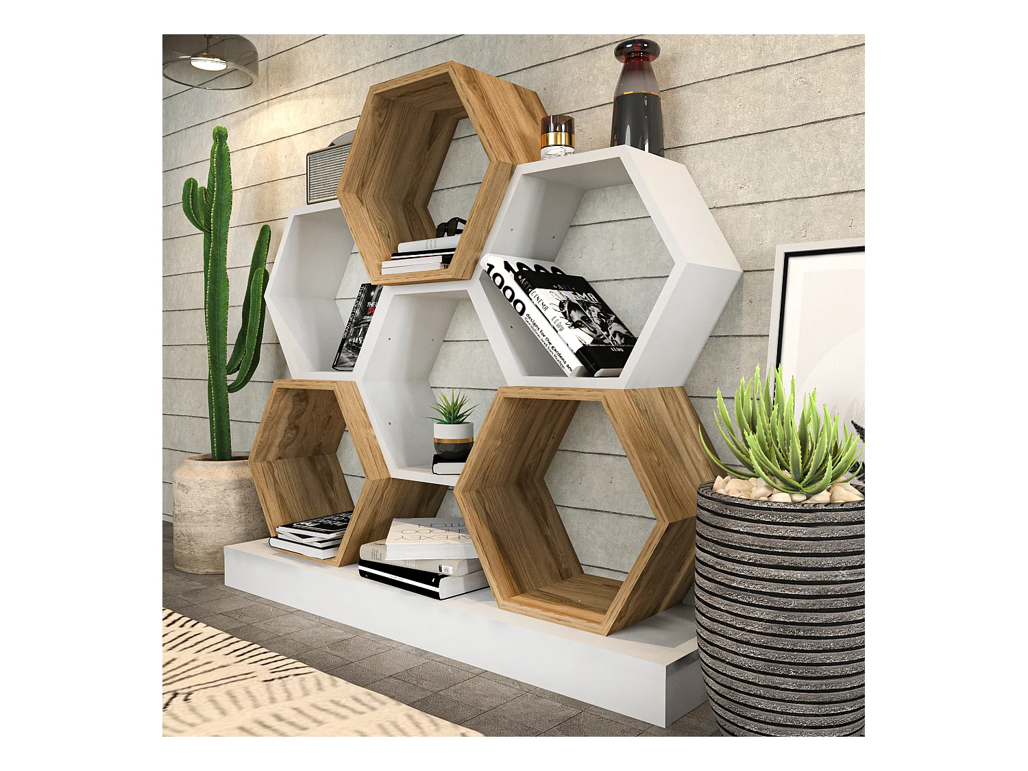 Cicek Bibliothèque 109 cm Hauteur Design Unique (Blanc et Oud)