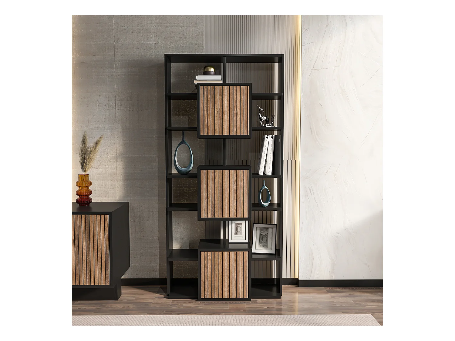 Monaco Bibliothèque Hauteur de 176 cm Armoires et Niches (Noir et Alina)