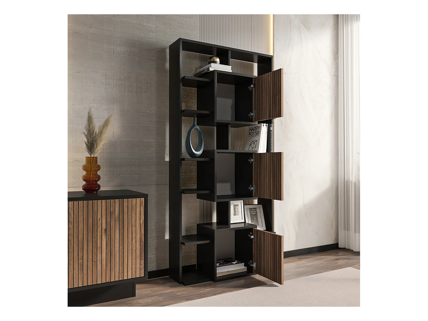 Monaco Bibliothèque Hauteur de 176 cm Armoires et Niches (Noir et Alina)