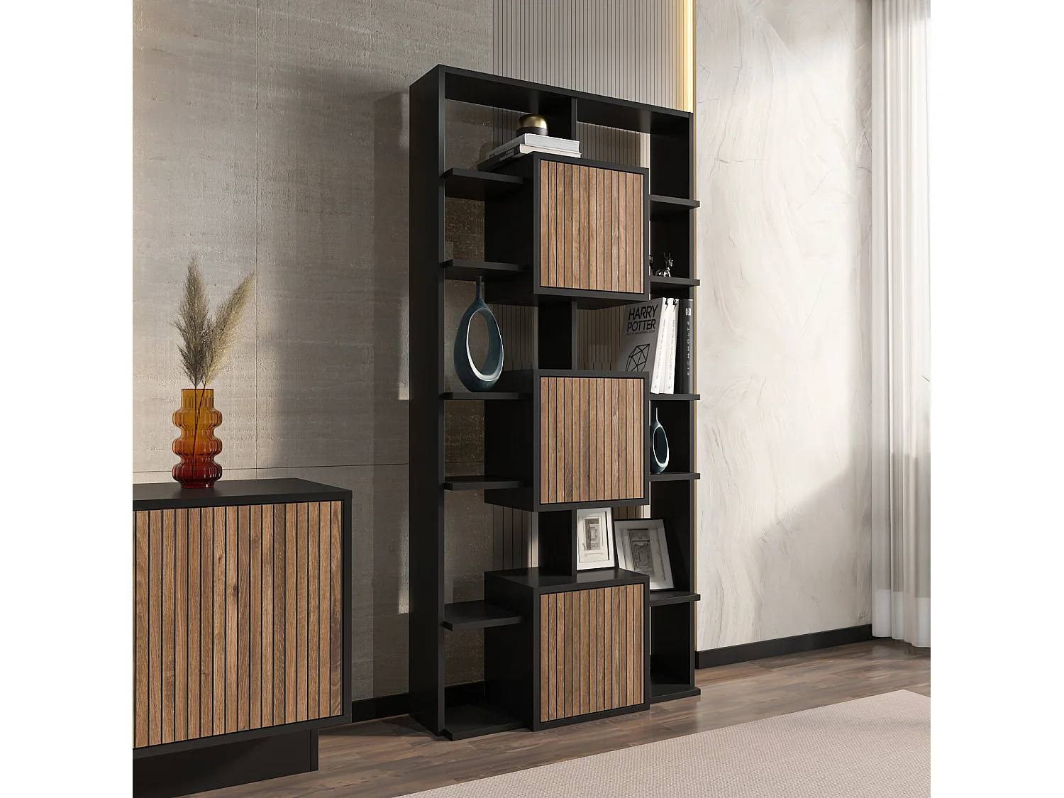 Monaco Bibliothèque Hauteur de 176 cm Armoires et Niches (Noir et Alina)