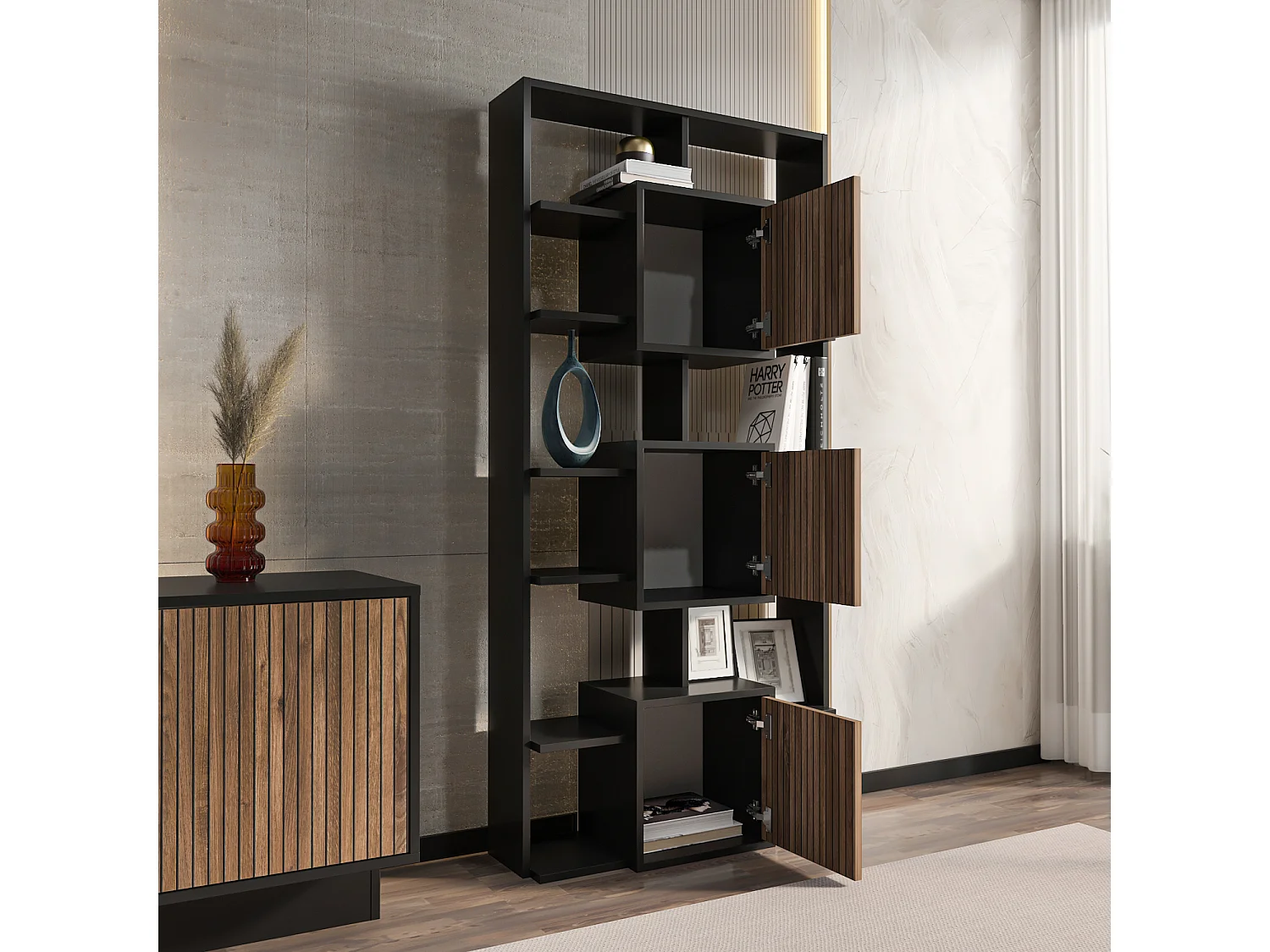 Monaco Bibliothèque Hauteur de 176 cm Armoires et Niches (Noir et Alina)