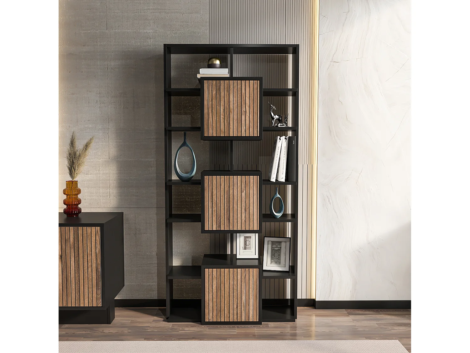 Decorotika Monaco Modern Bookcase wit Cabinets and Shelves  - 176 cm H x 85 cm W x 20 cm D