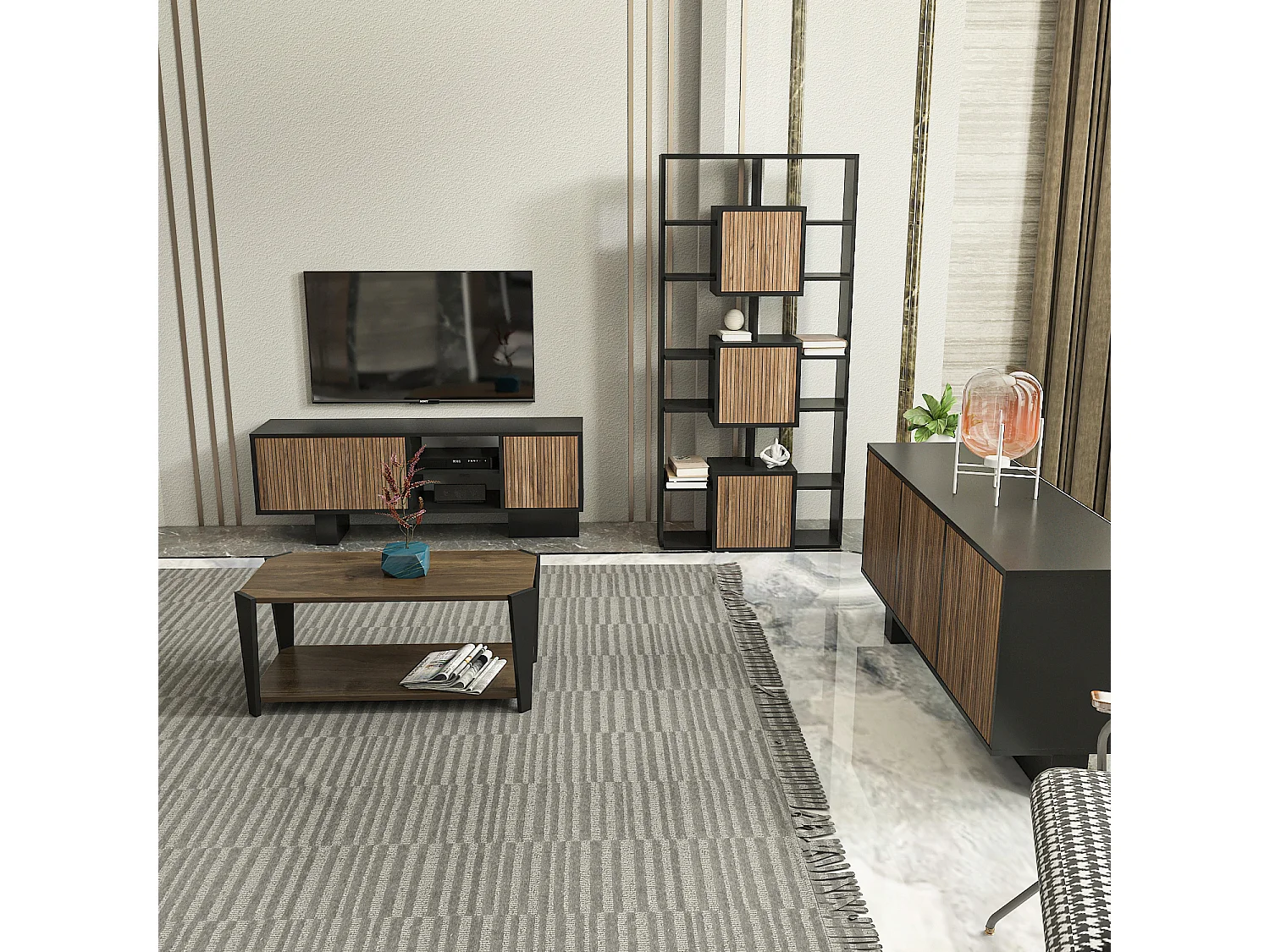 Decorotika Monaco Modern Bookcase wit Cabinets and Shelves  - 176 cm H x 85 cm W x 20 cm D