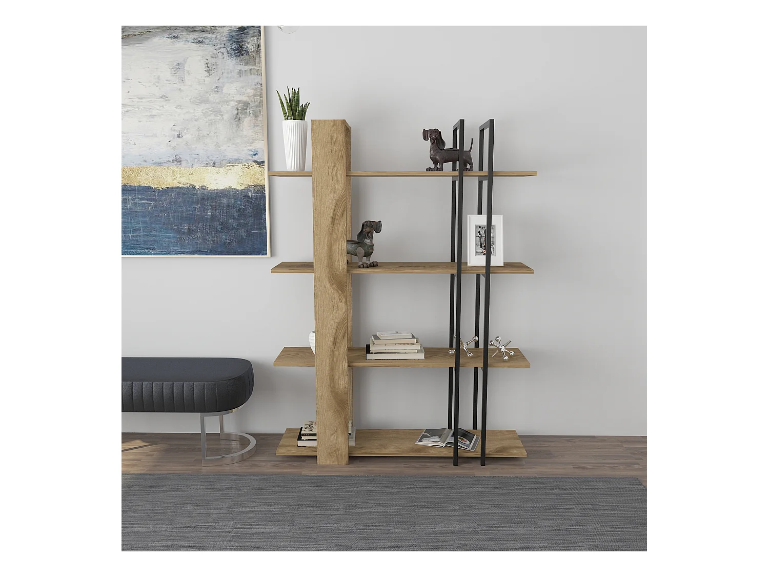 Onno Bibliothèque 160 cm Hauteur 4 Niveaux Cadre en Métal (Oud et Noir)