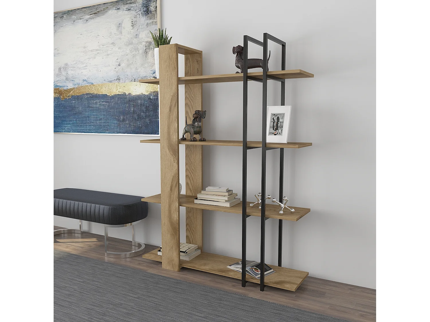 Onno Bibliothèque 160 cm Hauteur 4 Niveaux Cadre en Métal (Oud et Noir)