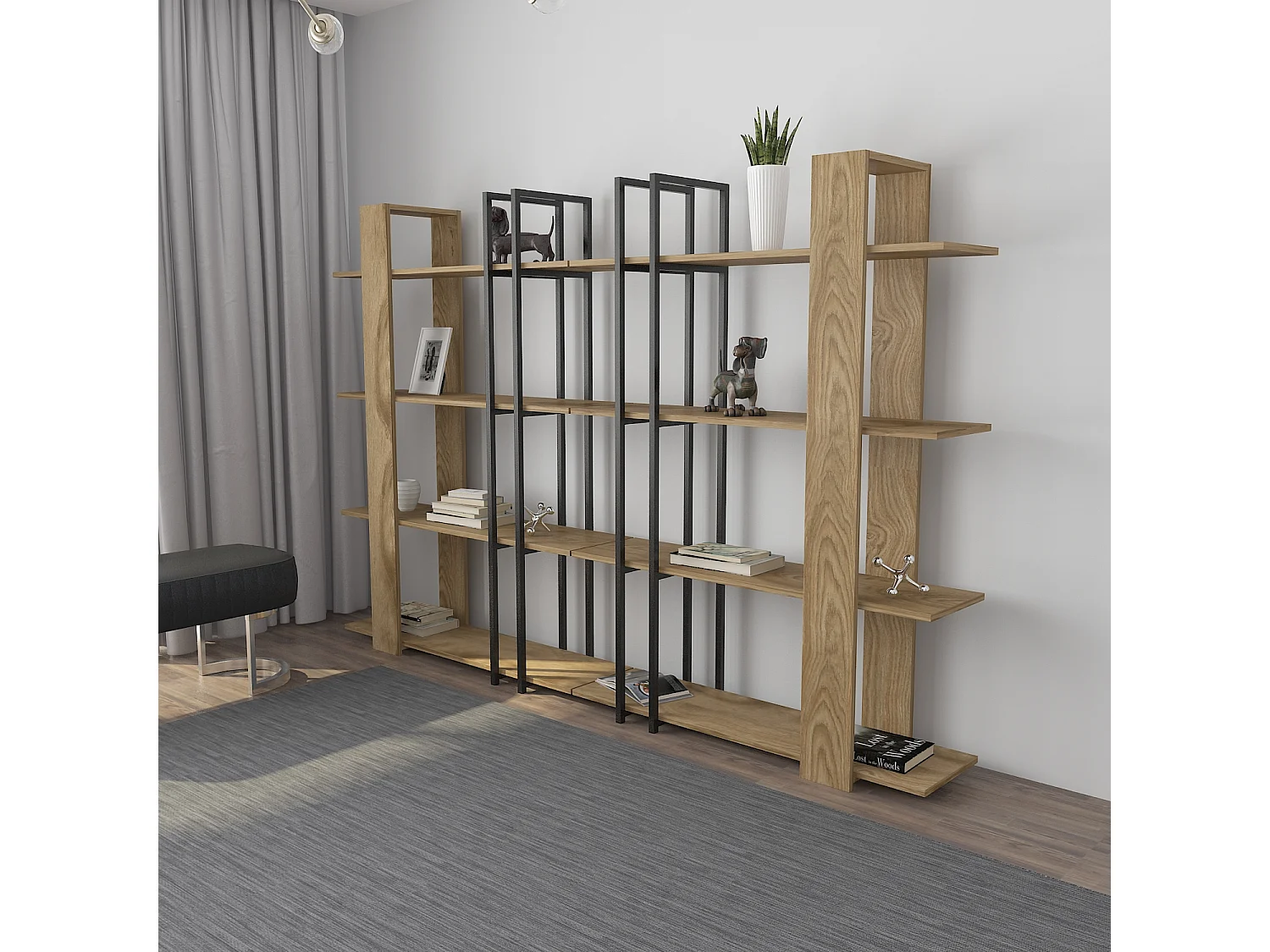 Onno Bibliothèque 160 cm Hauteur 4 Niveaux Cadre en Métal (Oud et Noir)