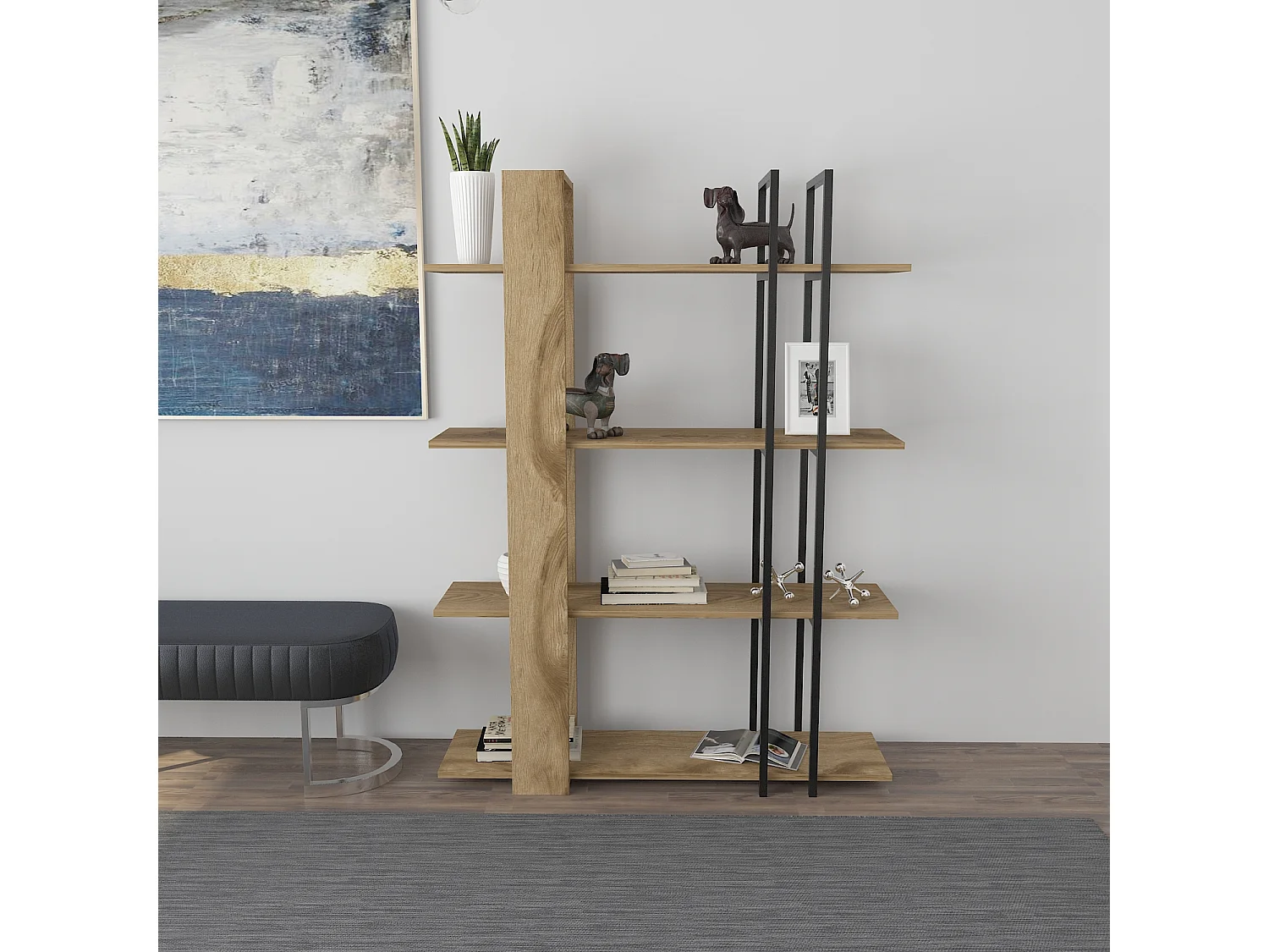 Onno Bibliothèque 160 cm Hauteur 4 Niveaux Cadre en Métal (Oud et Noir)