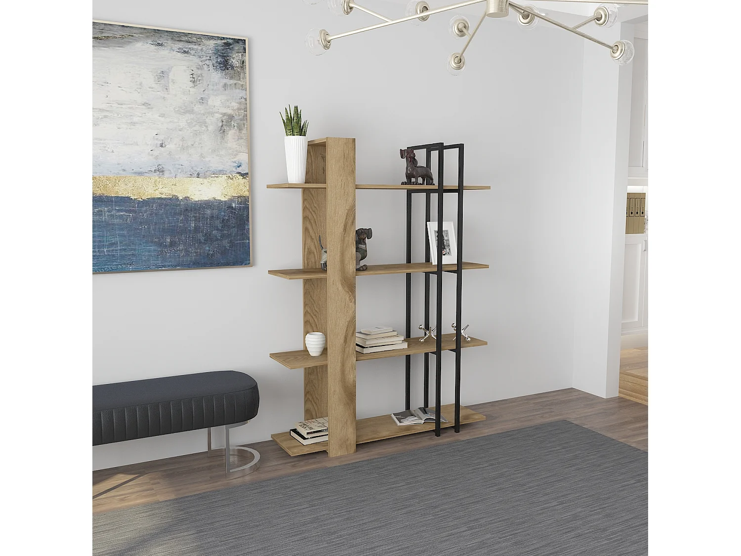 Onno Bibliothèque 160 cm Hauteur 4 Niveaux Cadre en Métal (Oud et Noir)