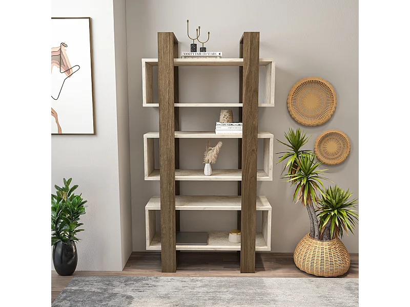 Reina Bibliothèque 150 cm H  Rangement 3 Niveaux Étagères (Traverter et Noyer)