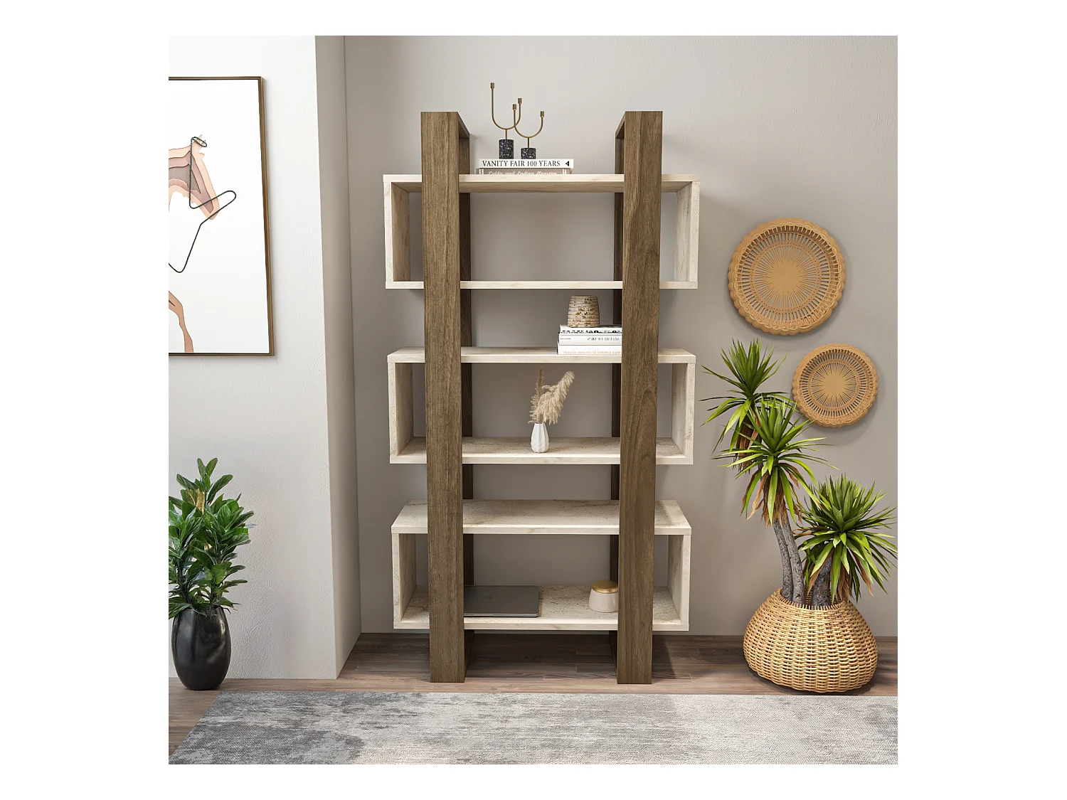 Reina Bibliothèque 150 cm H  Rangement 3 Niveaux Étagères (Traverter et Noyer)