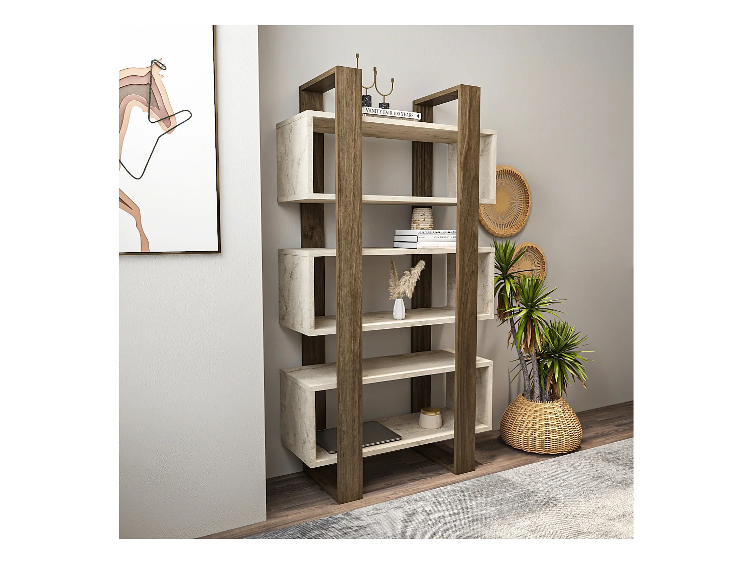 Reina Bibliothèque 150 cm H  Rangement 3 Niveaux Étagères (Traverter et Noyer)