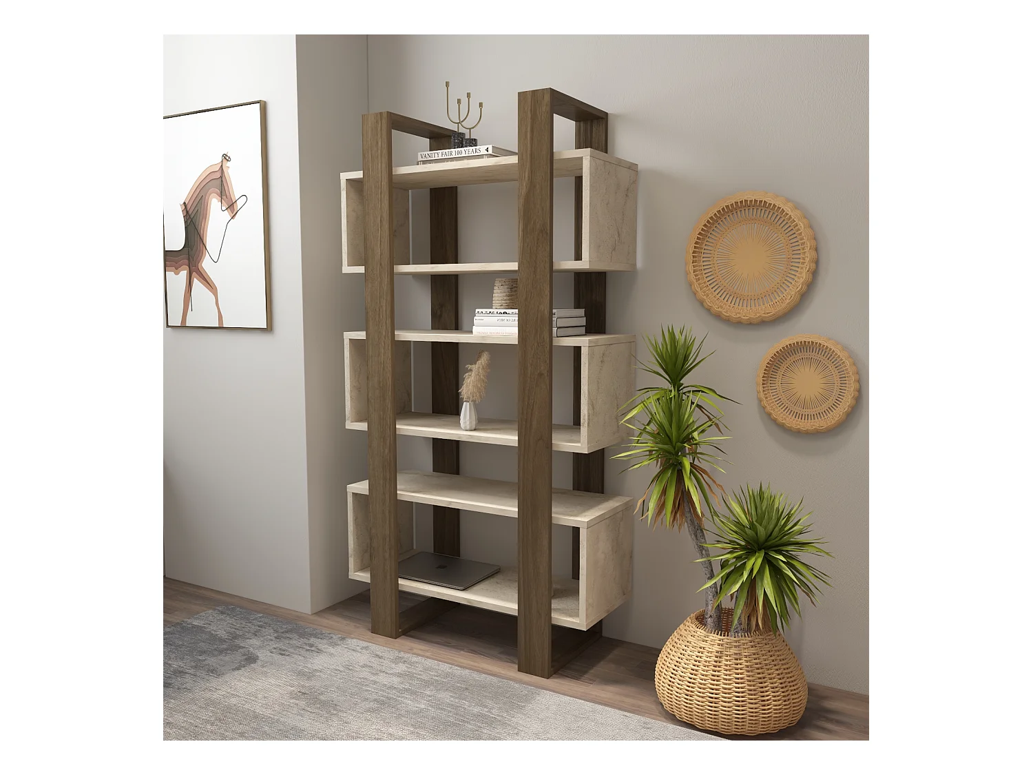 Reina Bibliothèque 150 cm H  Rangement 3 Niveaux Étagères (Traverter et Noyer)