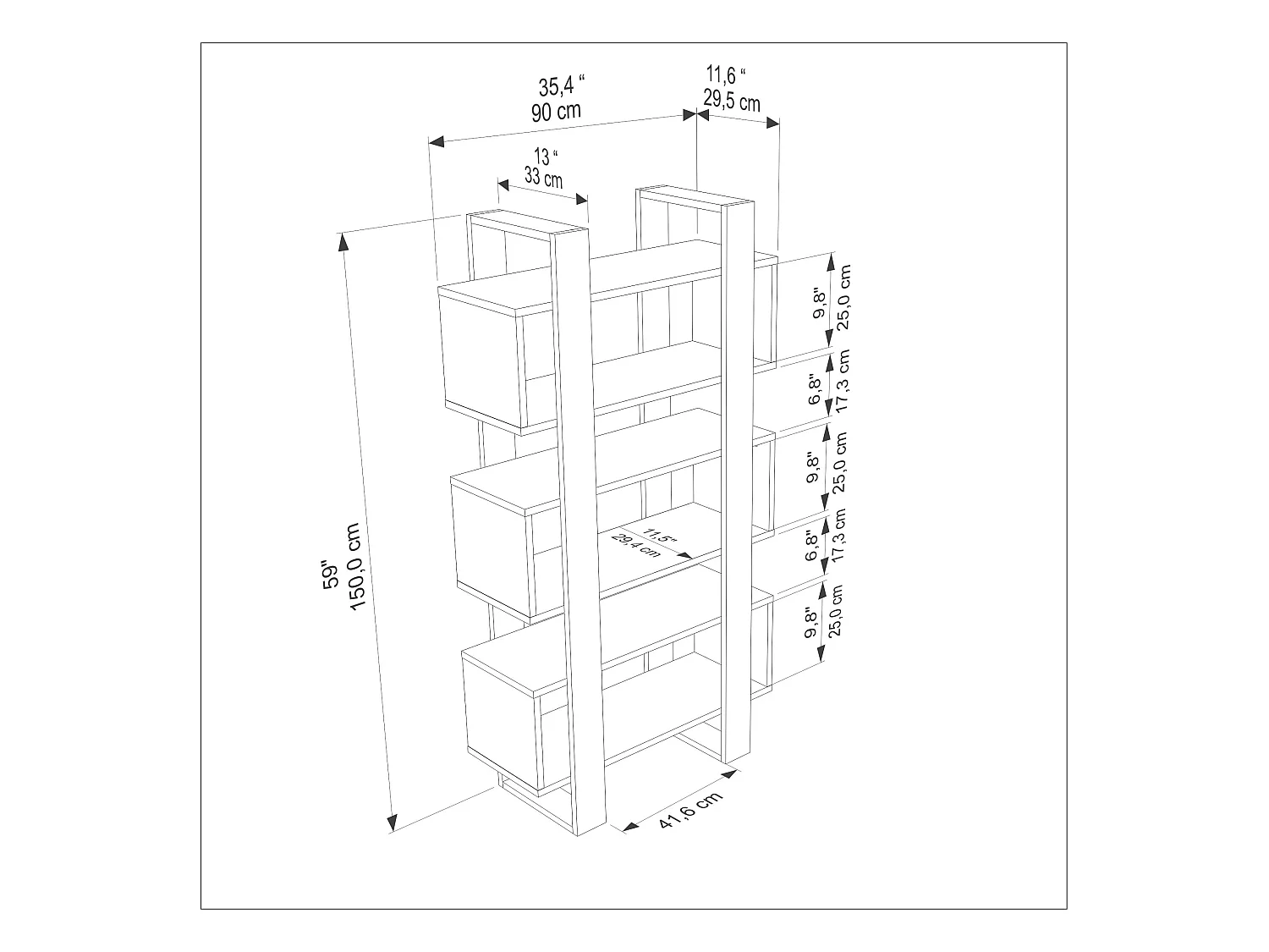 Reina Bibliothèque 150 cm H  Rangement 3 Niveaux Étagères (Traverter et Noyer)