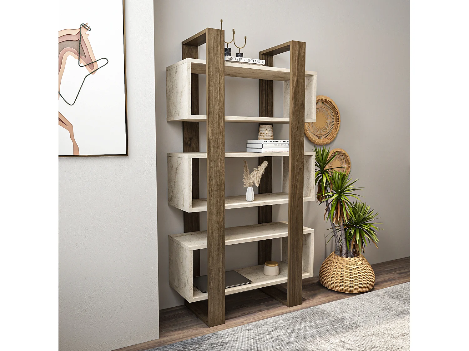 Reina Bibliothèque 150 cm H  Rangement 3 Niveaux Étagères (Traverter et Noyer)