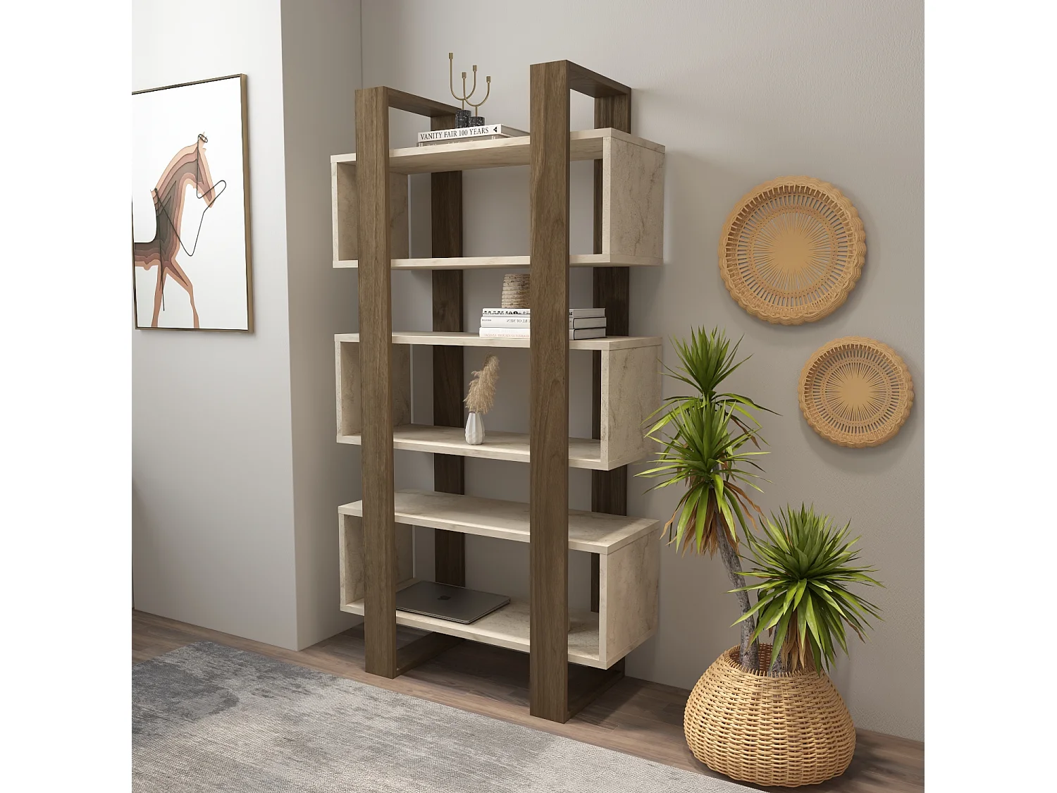 Reina Bibliothèque 150 cm H  Rangement 3 Niveaux Étagères (Traverter et Noyer)