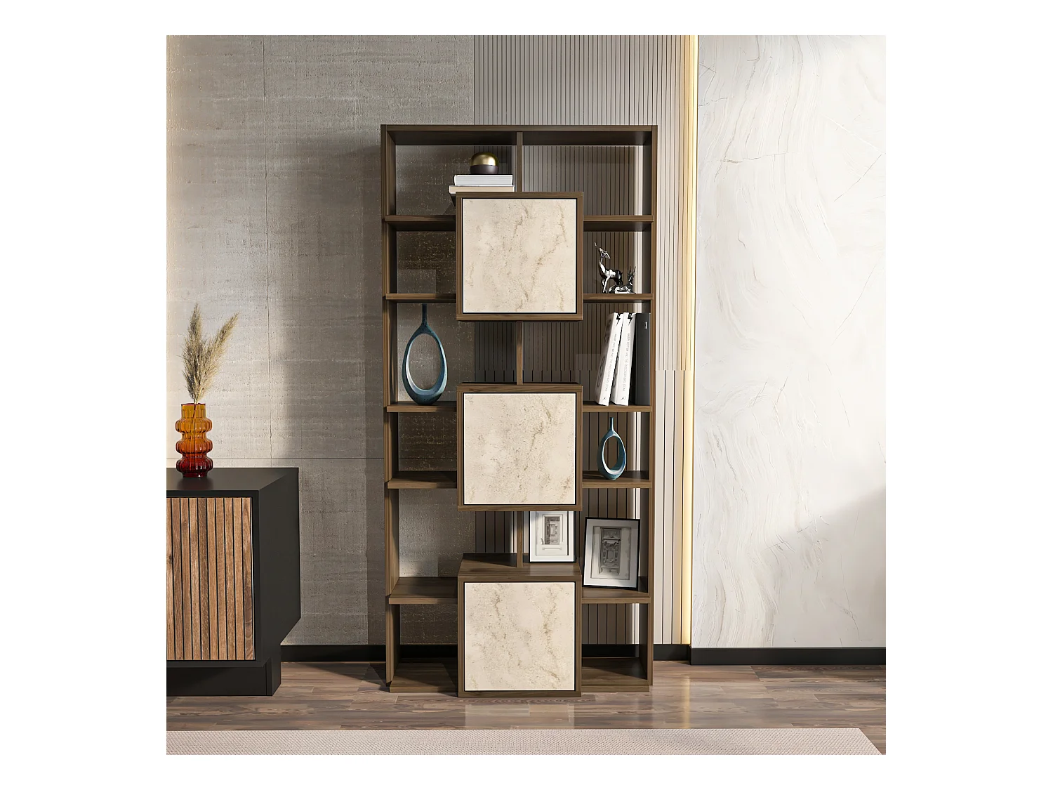 Monaco Bibliothèque Hauteur de 176 cm Placards et Niches (Noyer et Traverter)