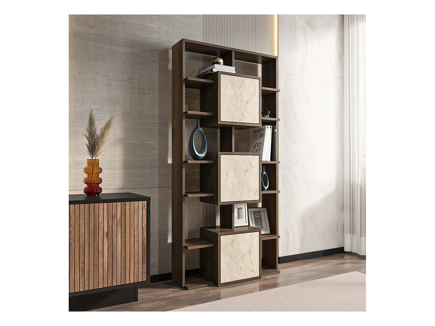 Monaco Bibliothèque Hauteur de 176 cm Placards et Niches (Noyer et Traverter)