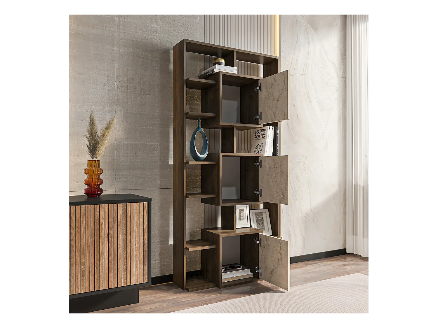 Monaco Bibliothèque Hauteur de 176 cm Placards et Niches (Noyer et Traverter)