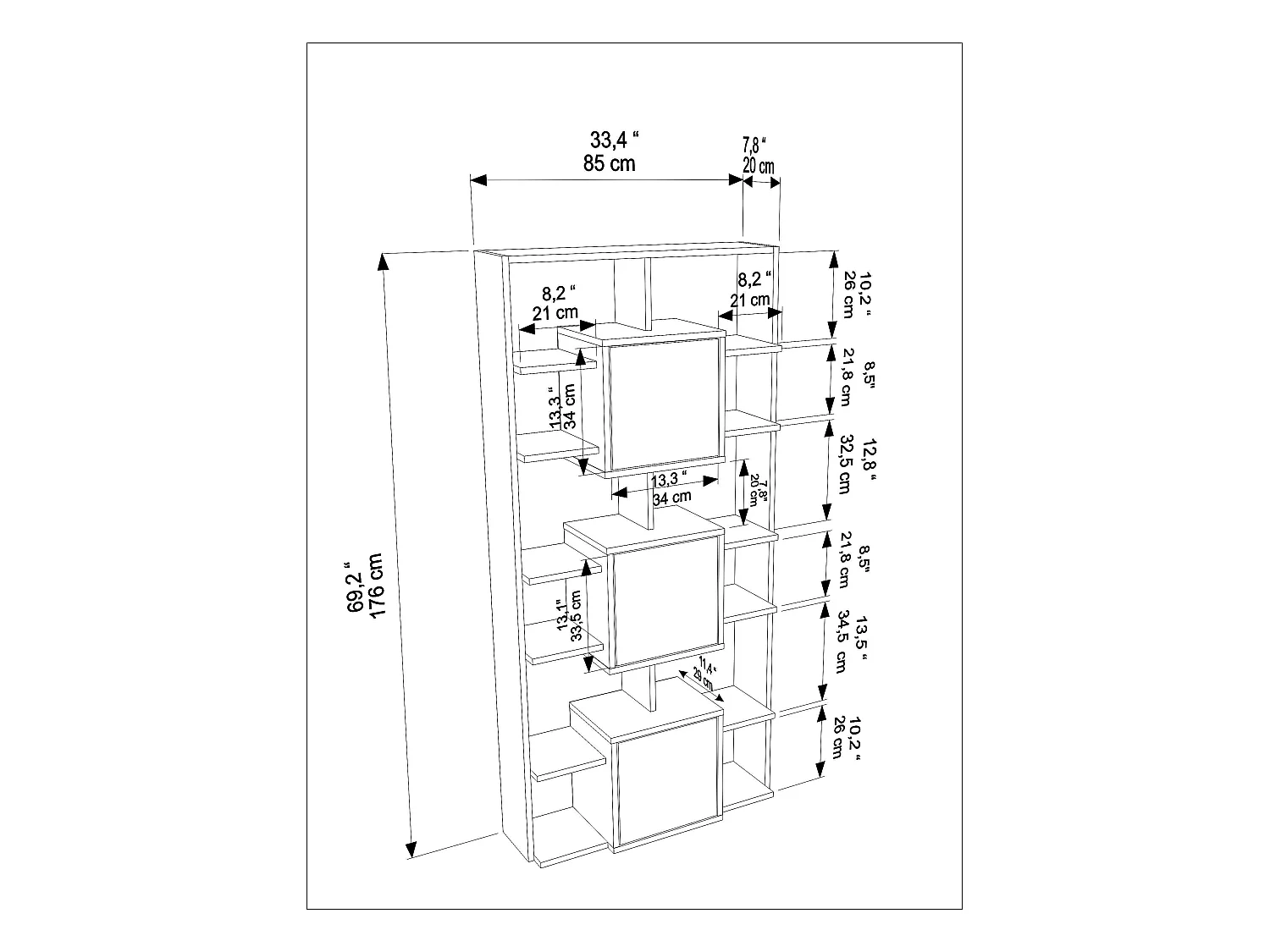 Monaco Bibliothèque Hauteur de 176 cm Placards et Niches (Noyer et Traverter)