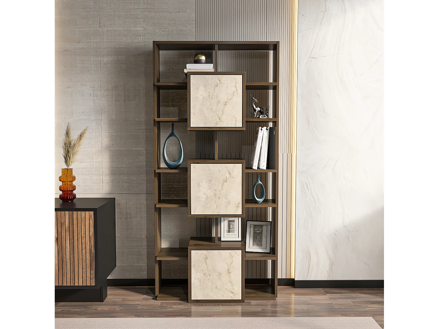 Monaco Bibliothèque Hauteur de 176 cm Placards et Niches (Noyer et Traverter)